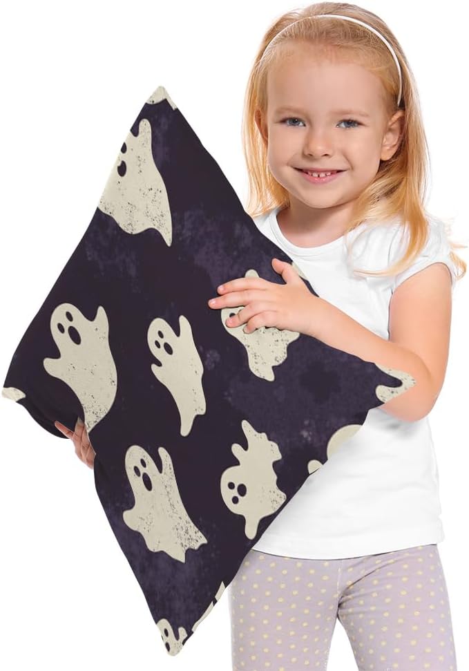 Moslion Skull Pillow Case Halloween Ghosts Spirit in Doodle Skeleton Throw Pillow Cover 18x18 Inch Cotton Linen Canvas Decorative Square Cushion Cover for Sofa Bed Purple White - Image 2